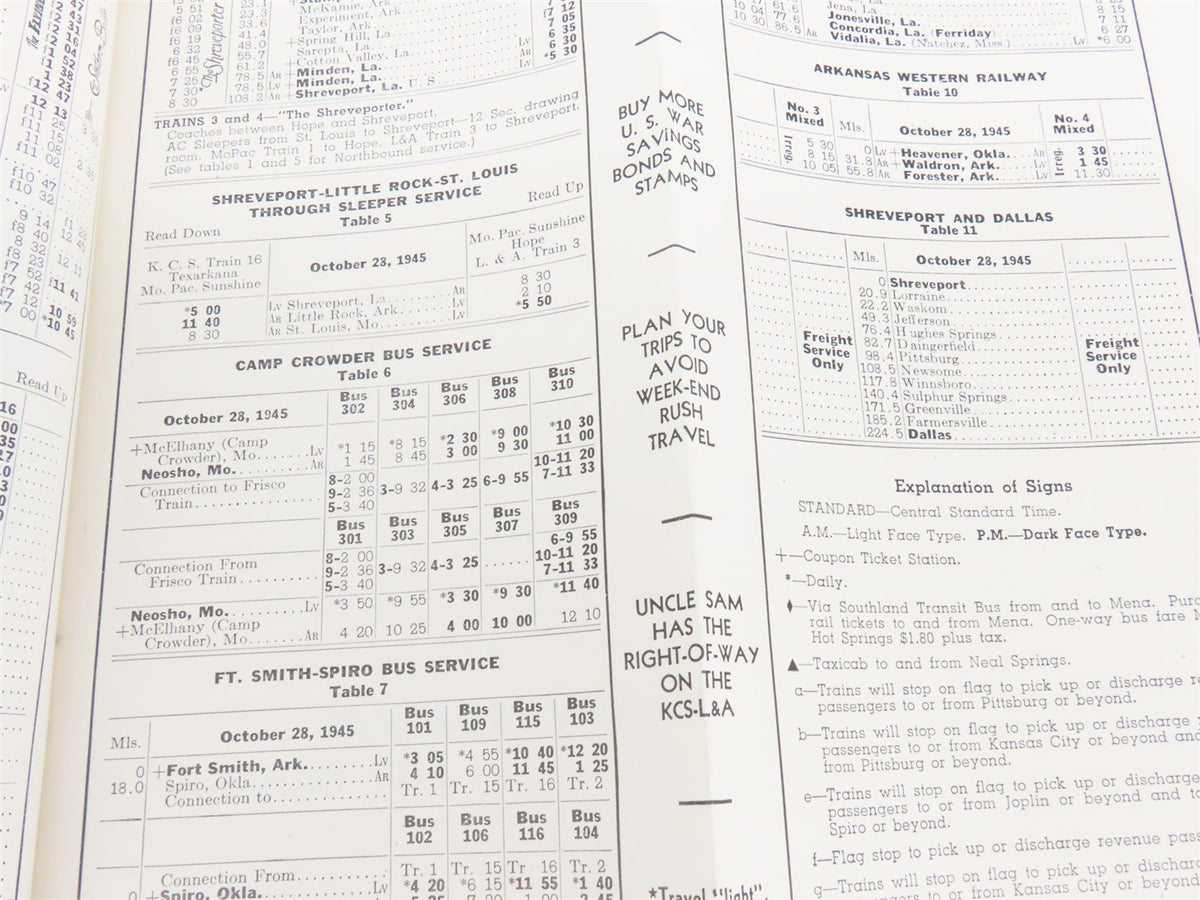 KCS Kansas City Southern &quot;Route Of The Southern Belle&quot; Time Tables Oct. 28, 1945