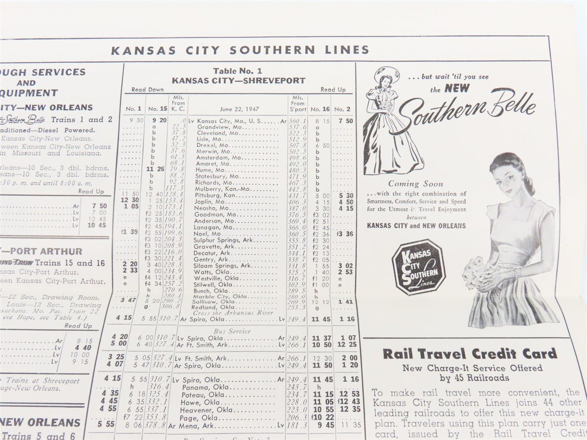 KCS Kansas City Southern &quot;Route Of The Southern Belle&quot; Time Tables June 22, 1947