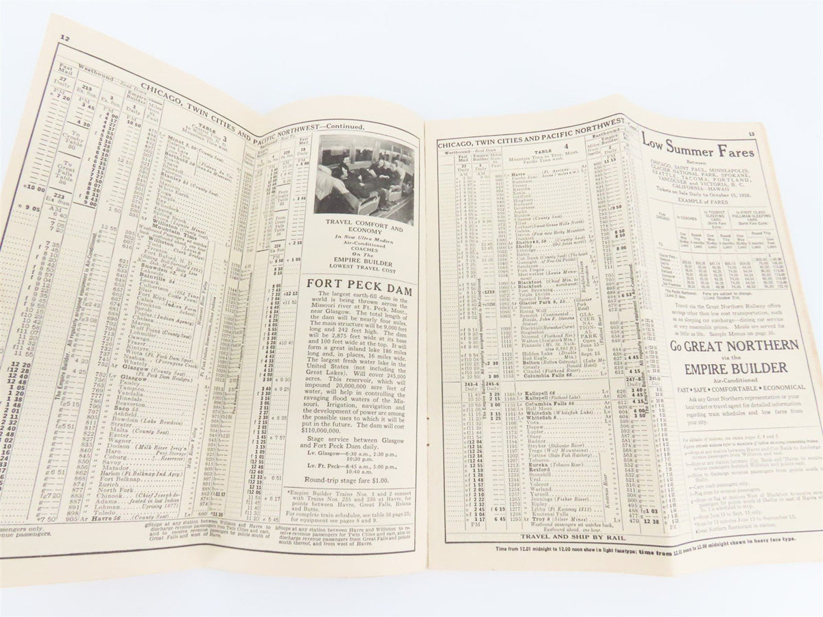 GN Great Northern Empire Builder Glacier Nat&#39;l Park Time Tables - Summer, 1938