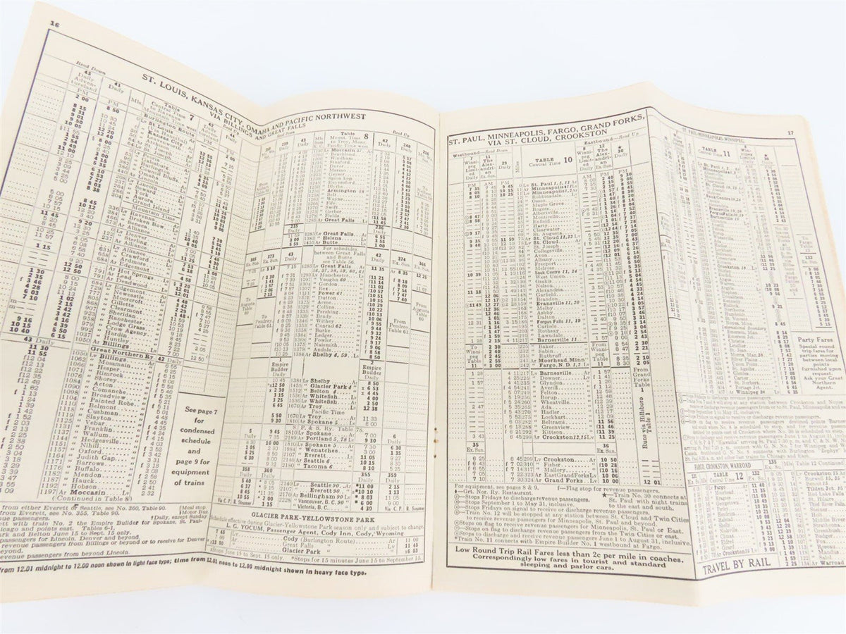 GN Great Northern Empire Builder Glacier Nat&#39;l Park Time Tables - Summer, 1938