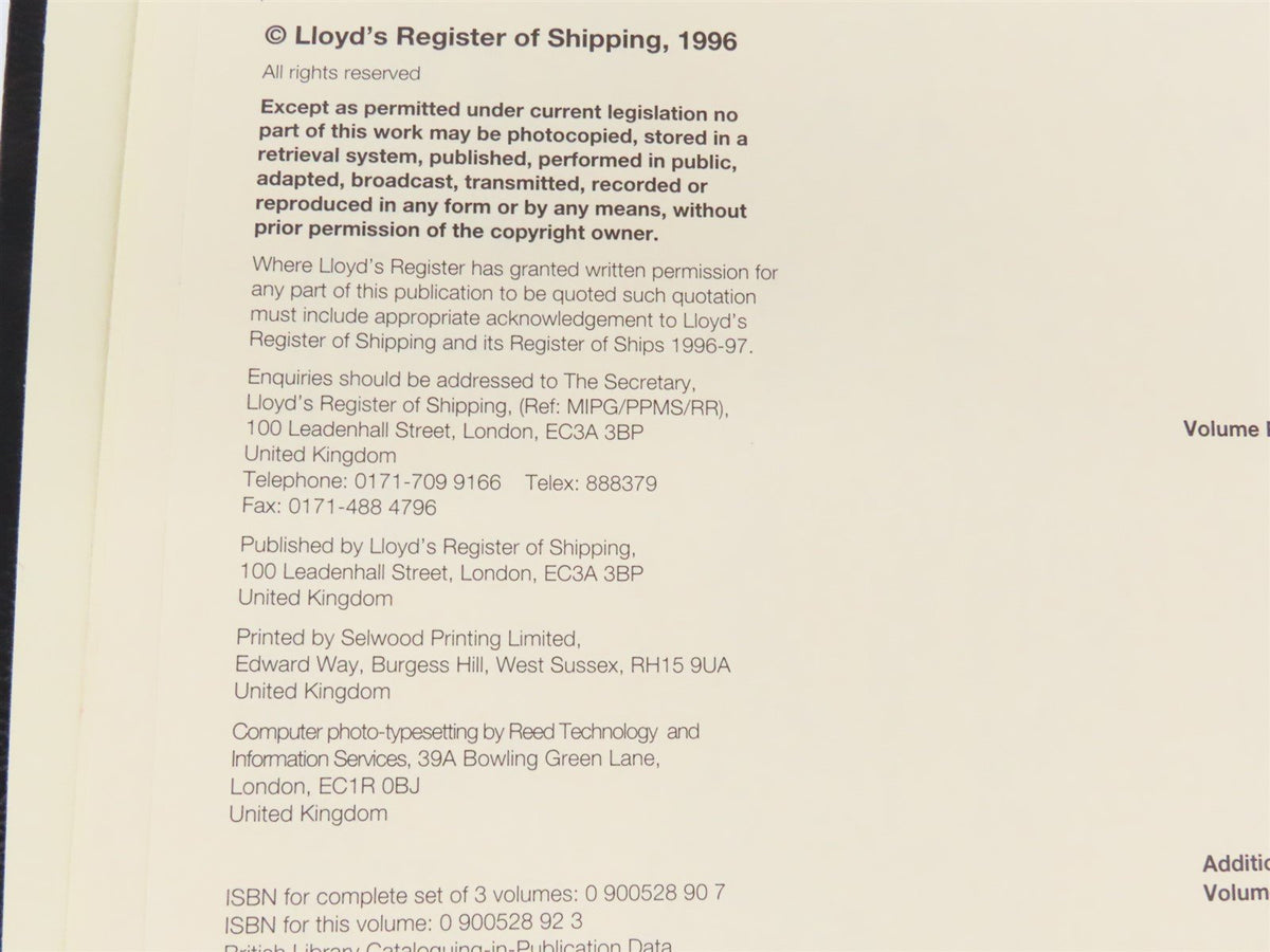 Lloyd&#39;s Register of Ships 1996-97 H-O ©1996 HC Book