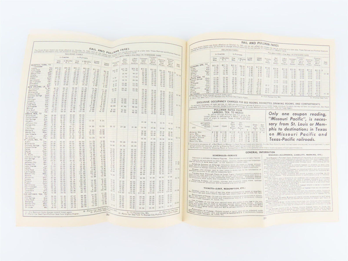 MP Missouri Pacific Lines &quot;Route of the Eagles&quot; Time Tables: December 1, 1957