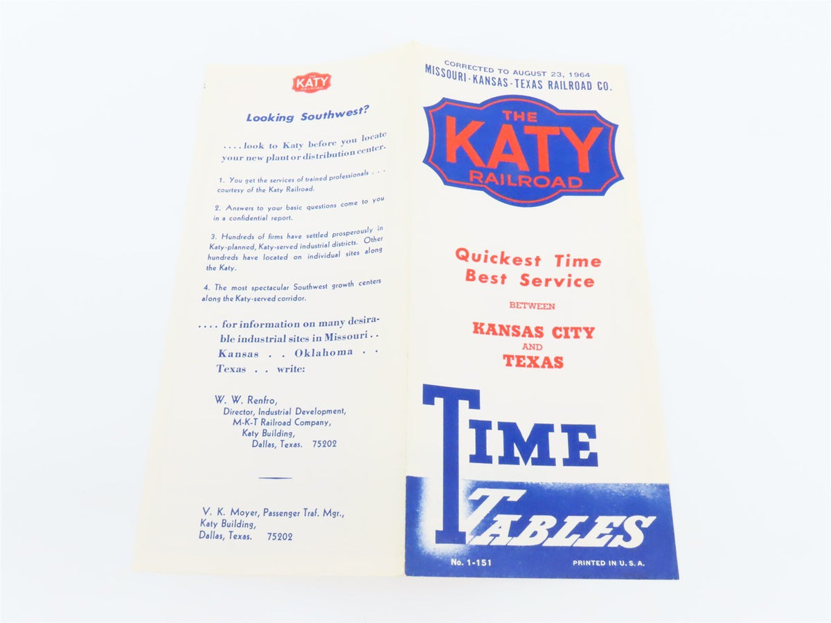 MKT Missouri Kansas Texas Katy Railroad Time Tables - August 23, 1964