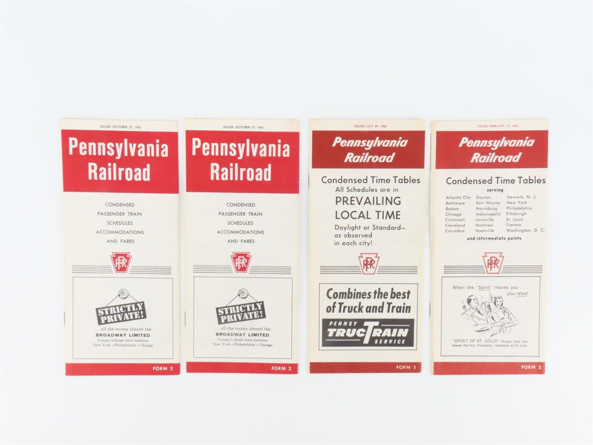 Lot of 4 PRR Pennsylvania Time Tables: July 29, 1962, Feb. 10 &amp; Oct. 27, 1963