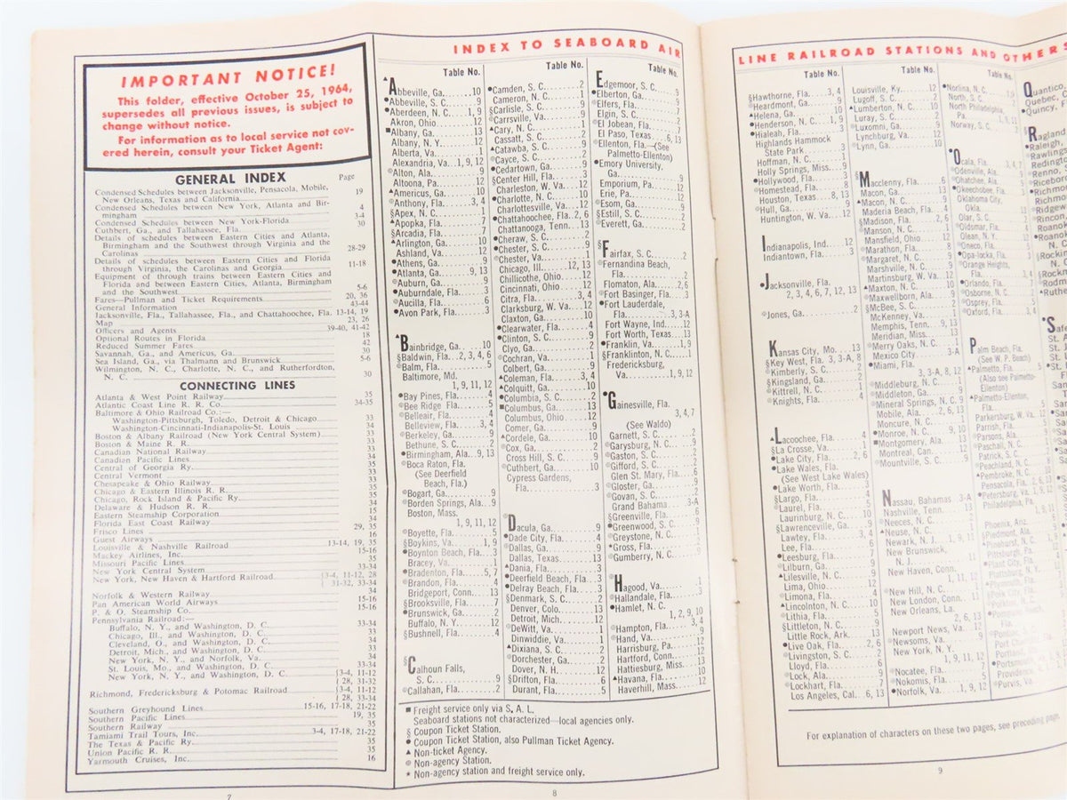 SAL Seaboard Air Line &quot;Route Of Courteous Service&quot; Time Table - Oct. 25, 1964