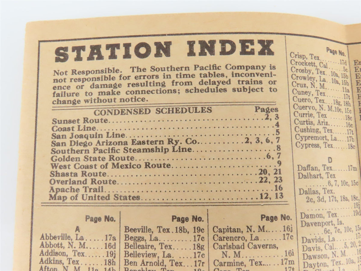 SP Southern Pacific Sunset Route &amp; Golden State Route Time Tables - August, 1939