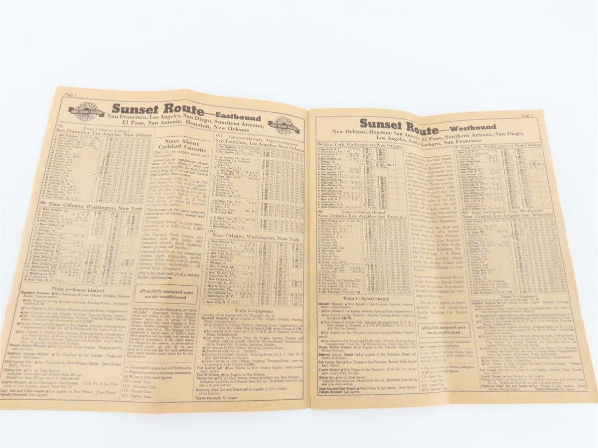 SP Southern Pacific Sunset Route &amp; Golden State Route Time Tables - August, 1939