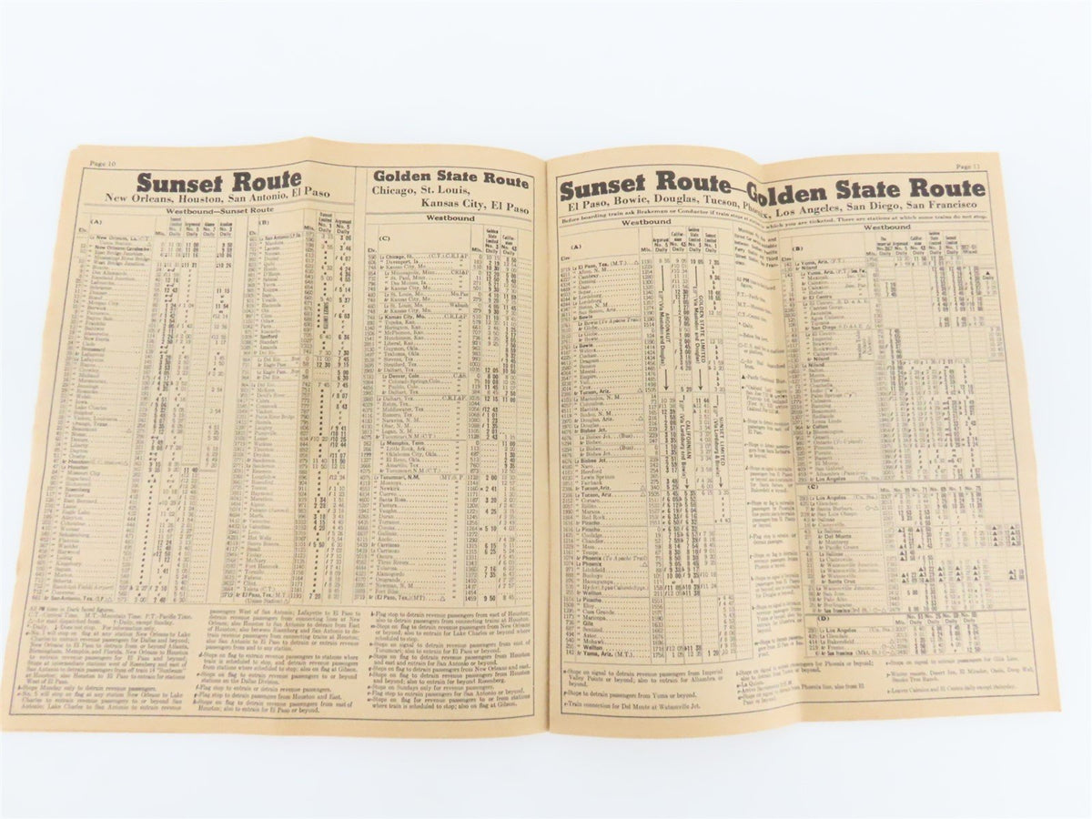 SP Southern Pacific Sunset Route &amp; Golden State Route Time Tables - August, 1939