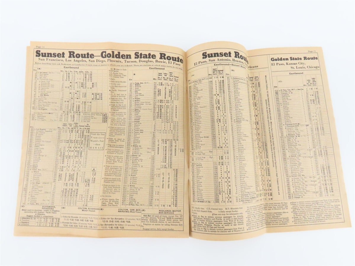 SP Southern Pacific Sunset Route &amp; Golden State Route Time Tables - August, 1939