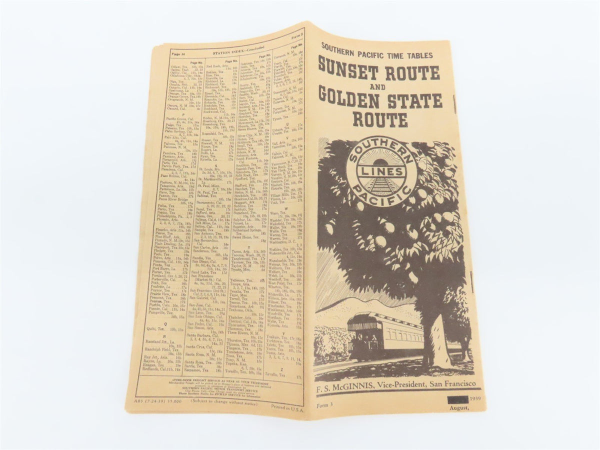 SP Southern Pacific Sunset Route &amp; Golden State Route Time Tables - August, 1939