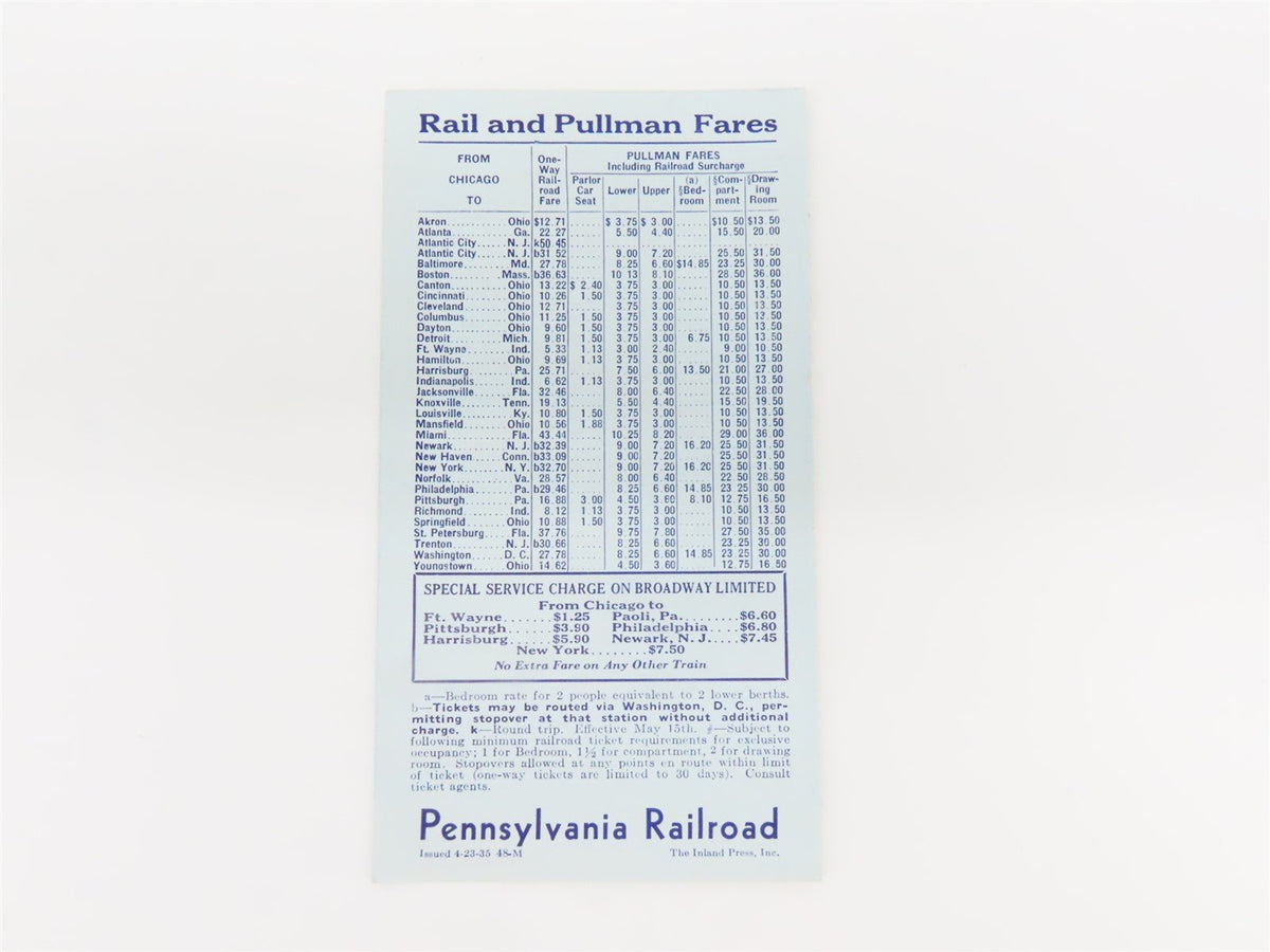 Pennsylvania Railroad Blue Ribbon Fleet Broadway Ltd. Time Table Apr. 28, 1935