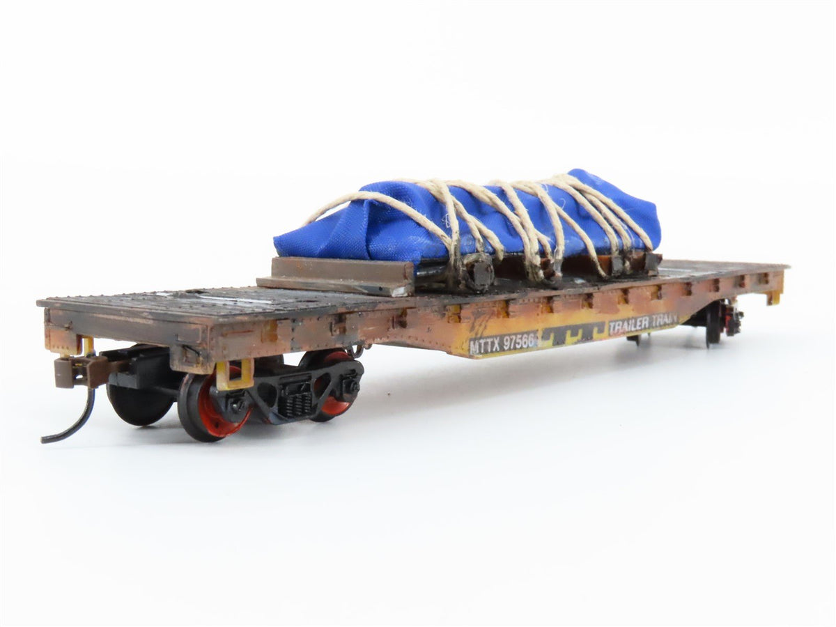 HO Scale TYCO MTTX Trailer Train 50&#39; Flat Car #97566 w/Custom Load &amp; Weathering