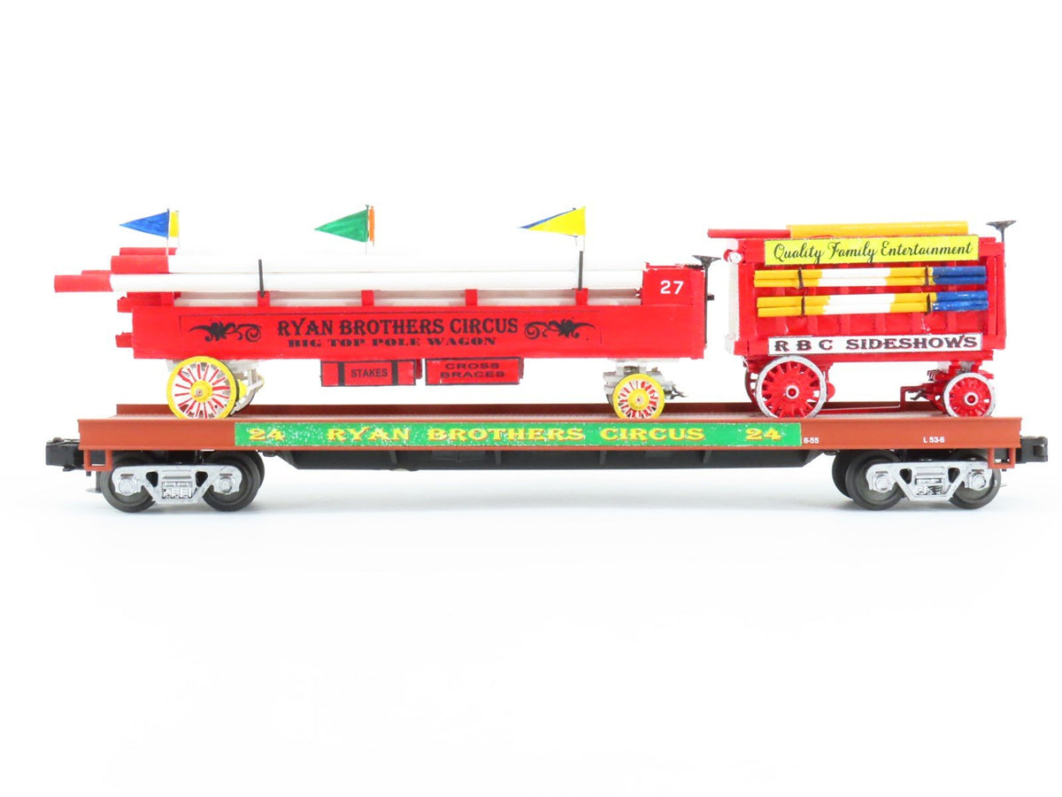 O Gauge 3-Rail MTH Ryan Bros Circus 53&#39; Flat Car #24 w/Circus Wagons - Custom