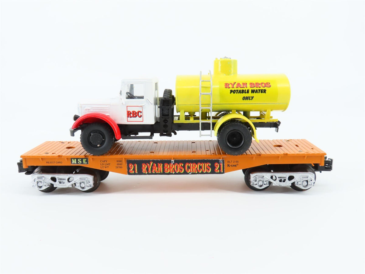 O Gauge 3-Rail K-Line Ryan Bros Circus 40&#39; Flat Car #21 w/Tanker Truck - Custom