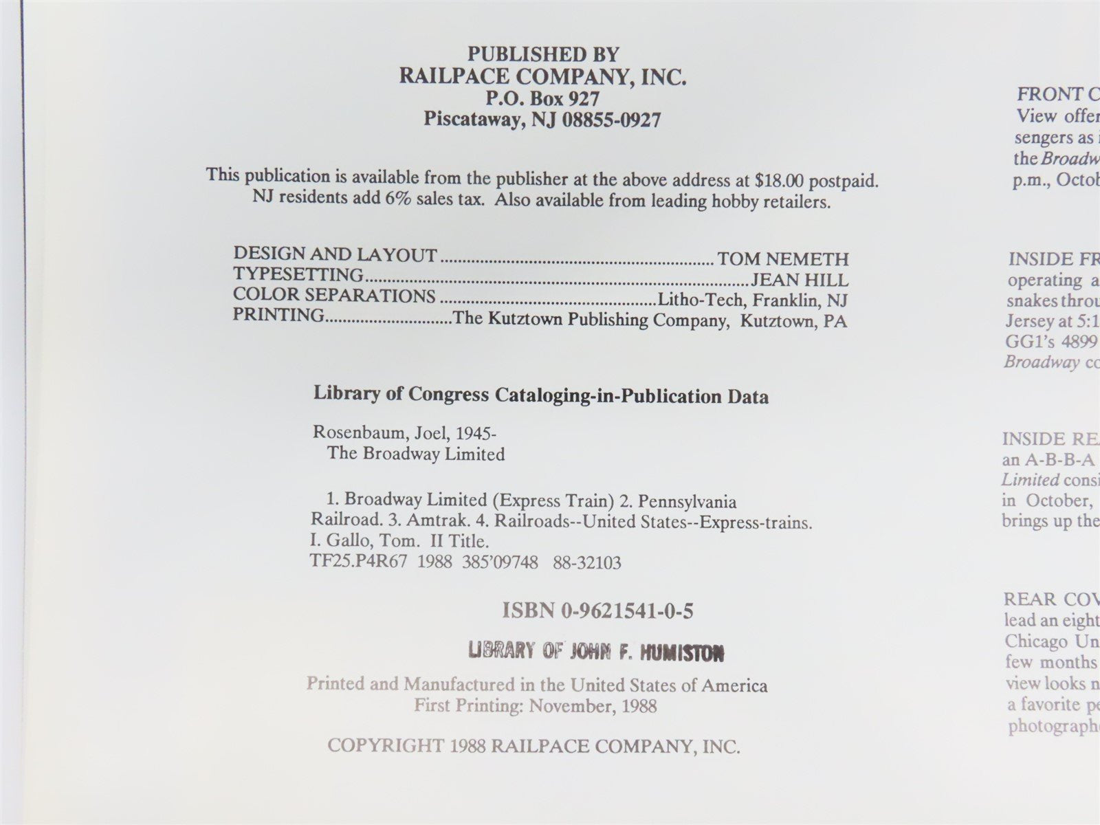 The Broadway Limited by Joel Rosenbaum & Tom Gallo ©1988 SC Book