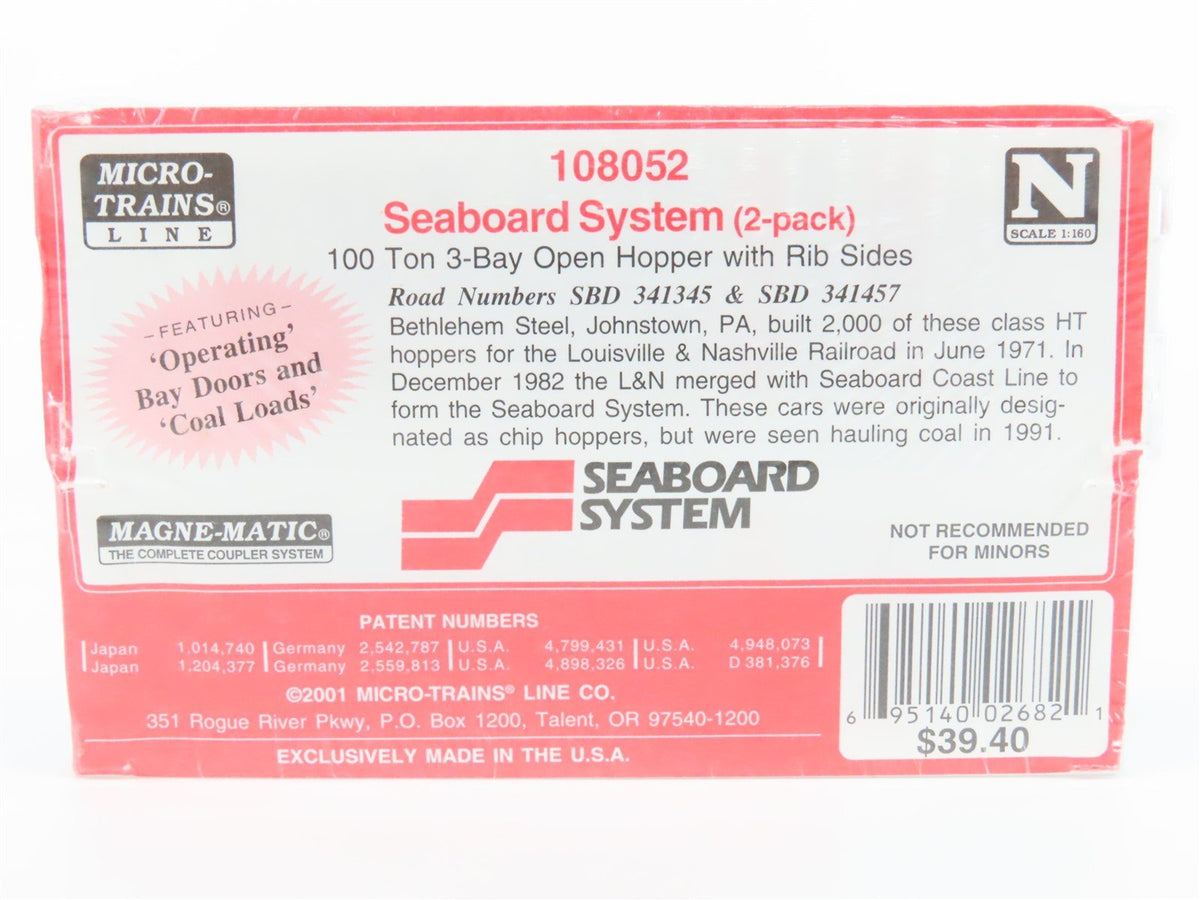 N Micro-Trains MTL #108052 SBD Seaboard System 3-Bay Hopper 2-Pack (Sealed)