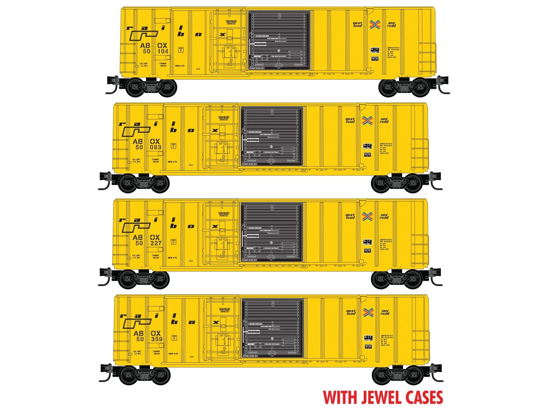 N Scale Micro-Trains MTL 98300223 ABOX Railbox 50' Rib Side Box Cars 4-Pack
