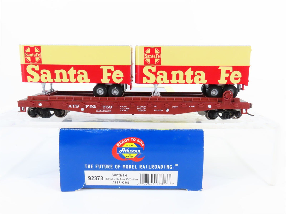 HO Scale Athearn #92373 ATSF Santa Fe 50&#39; Flat Car #92759 w/ Two 25&#39; Trailers