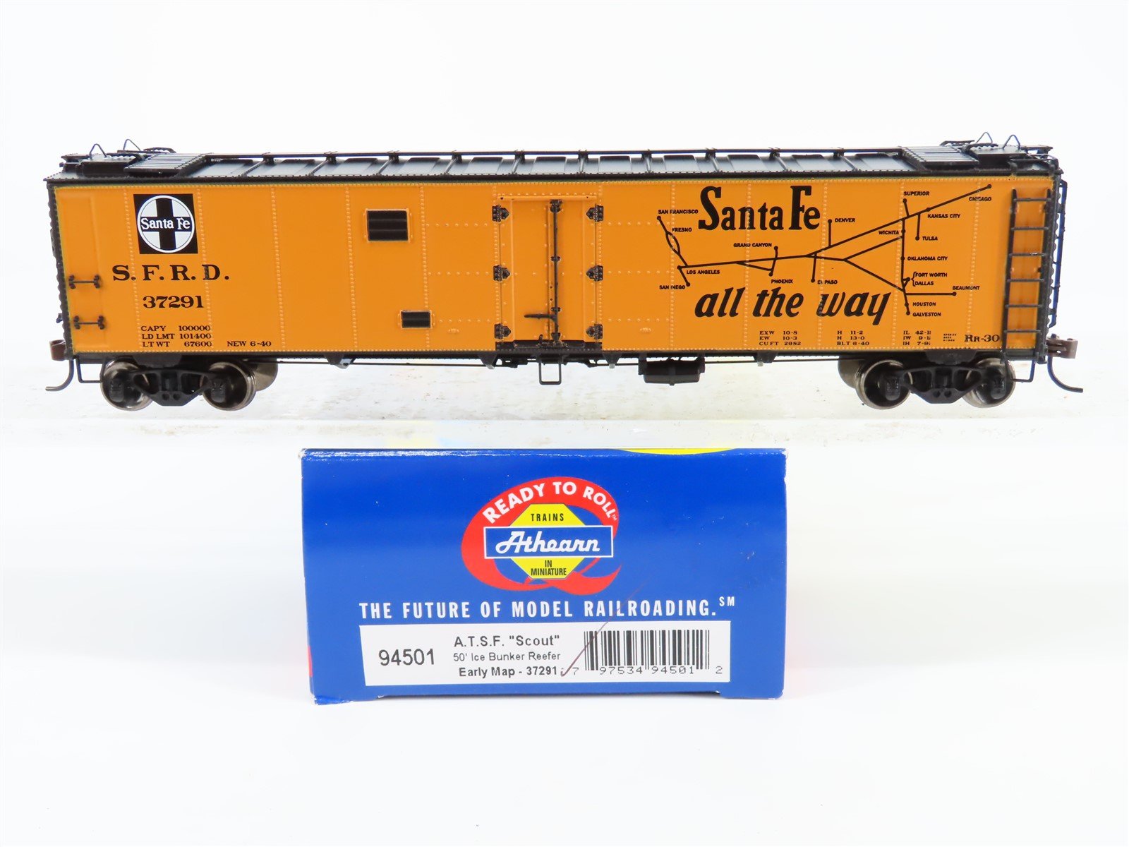 HO Scale Athearn #94501 SFRD Santa Fe "Scout" (Early Map) 50' Reefer #37291