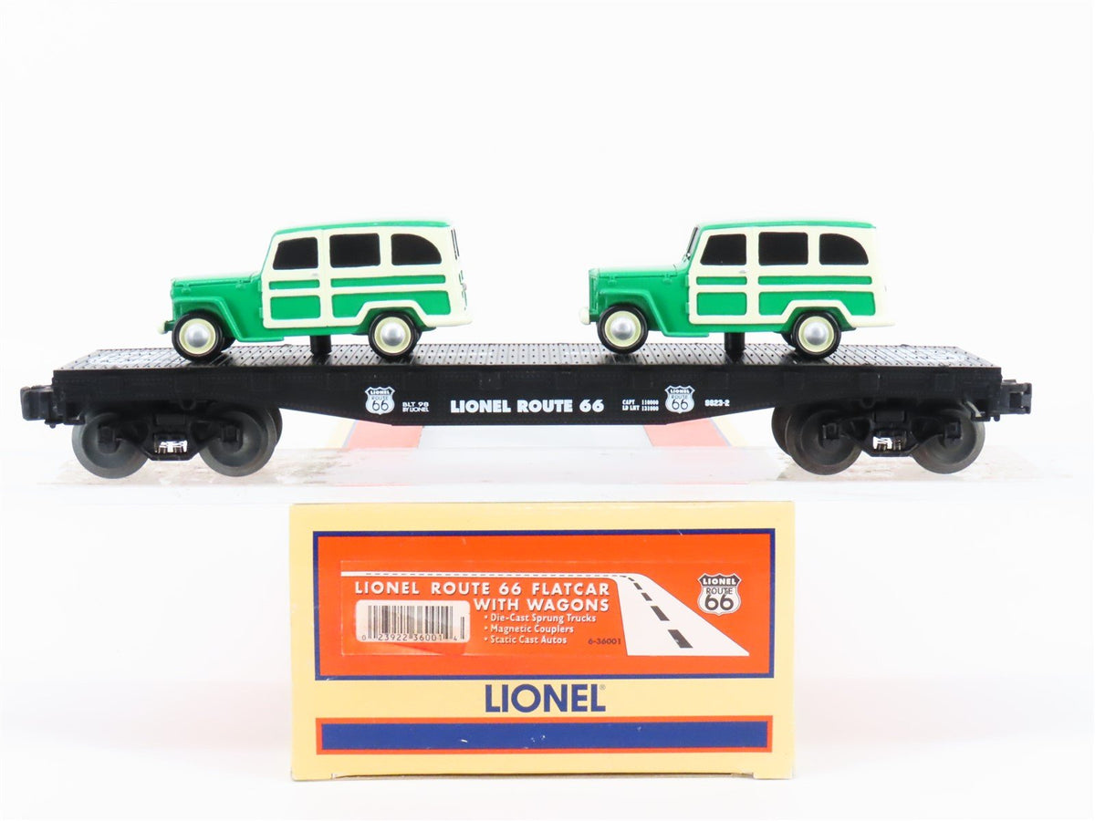 O Gauge 3-Rail Lionel #6-36001 Lionel Route 66 Flat Car #9823-2 w/ Wagons