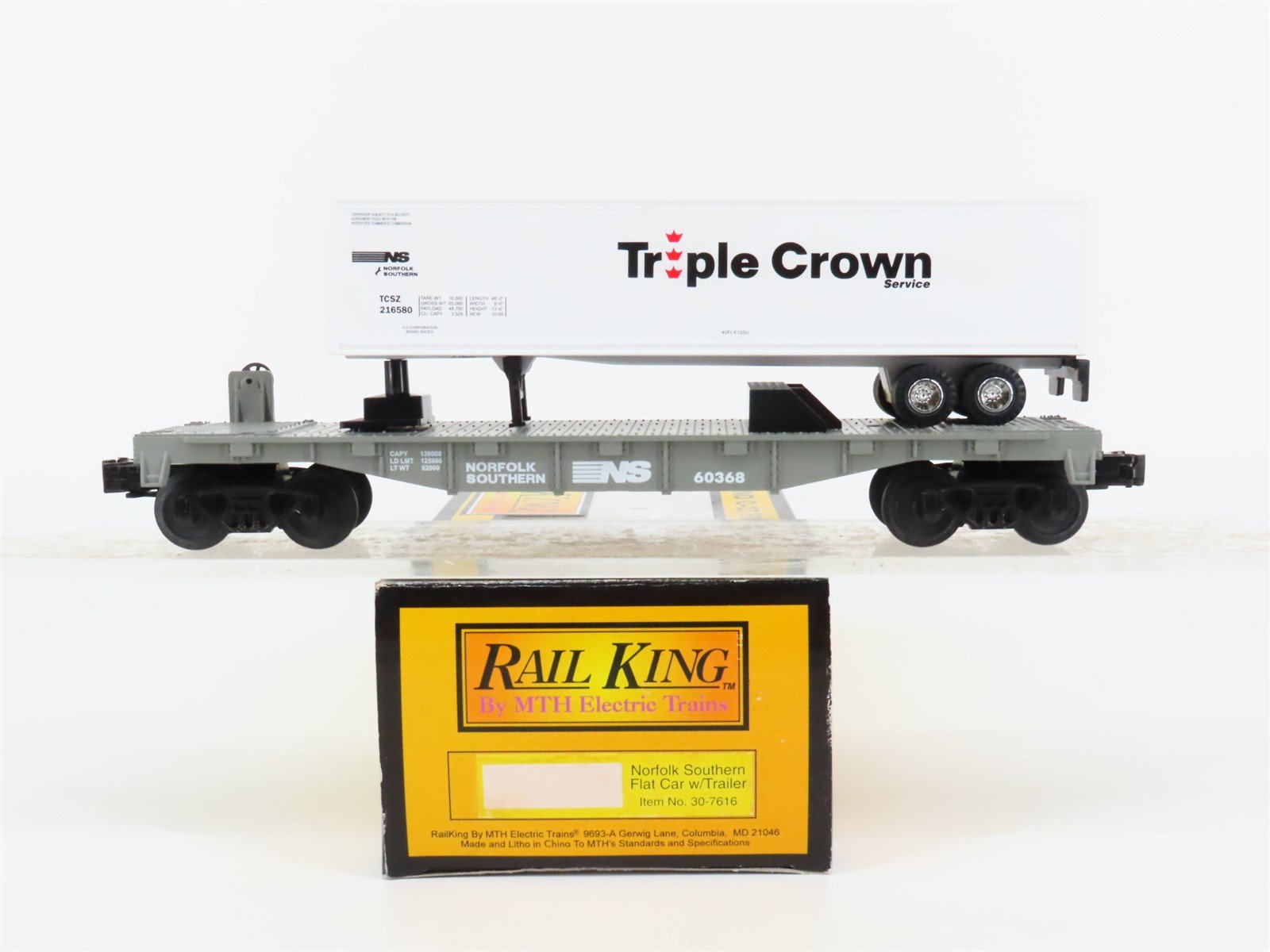 O Gauge 3-Rail MTH Rail King 30-7616 NS Norfolk Southern Flat Car 60368 &Trailer