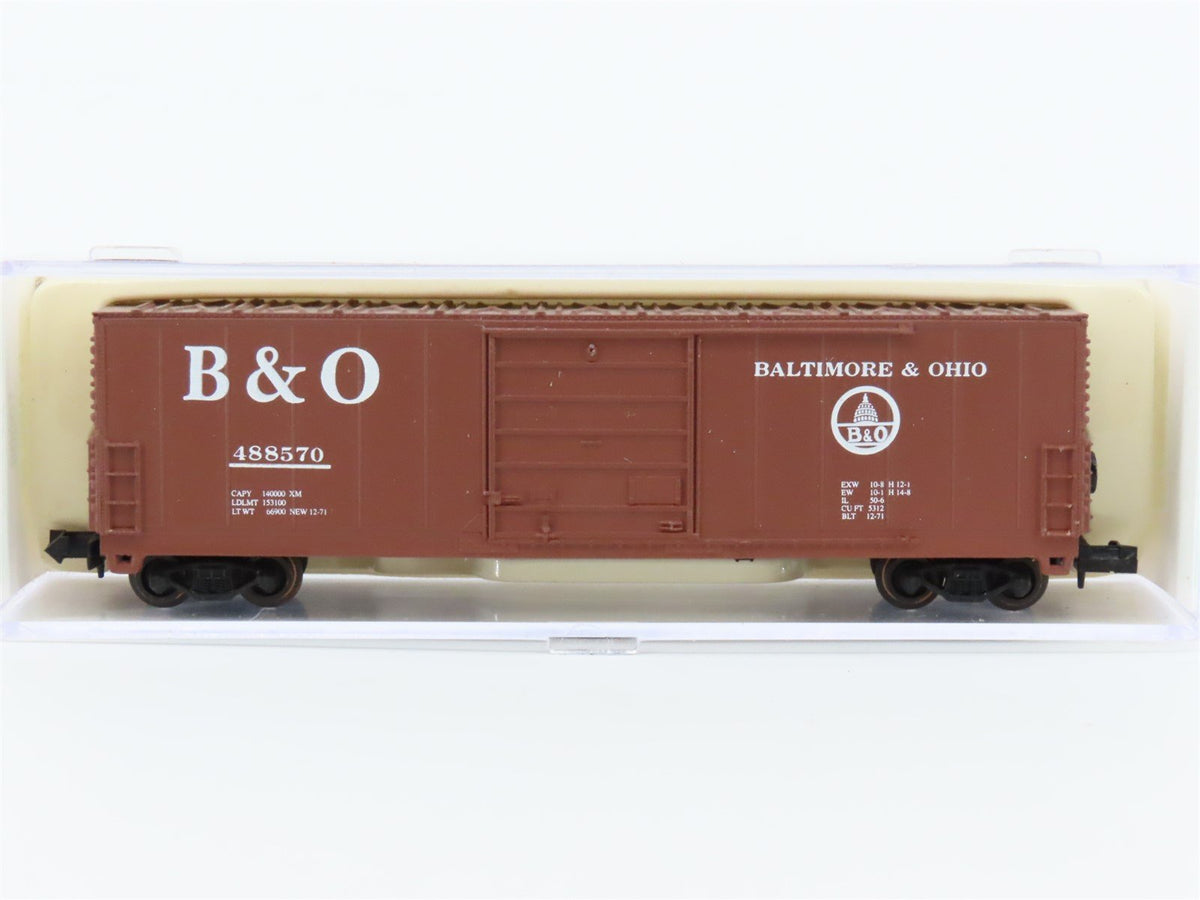 N Scale Bev-Bel 10005 B&amp;O Baltimore &amp; Ohio 50&#39; Evan Single Door Boxcar #488570