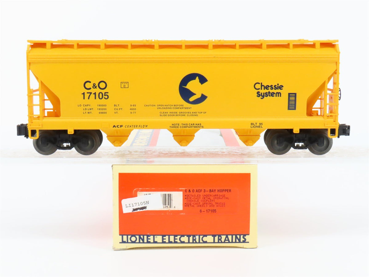 O Gauge 3-Rail Lionel 6-17105 C&amp;O Chessie System ACF 3-Bay Covered Hopper #17105