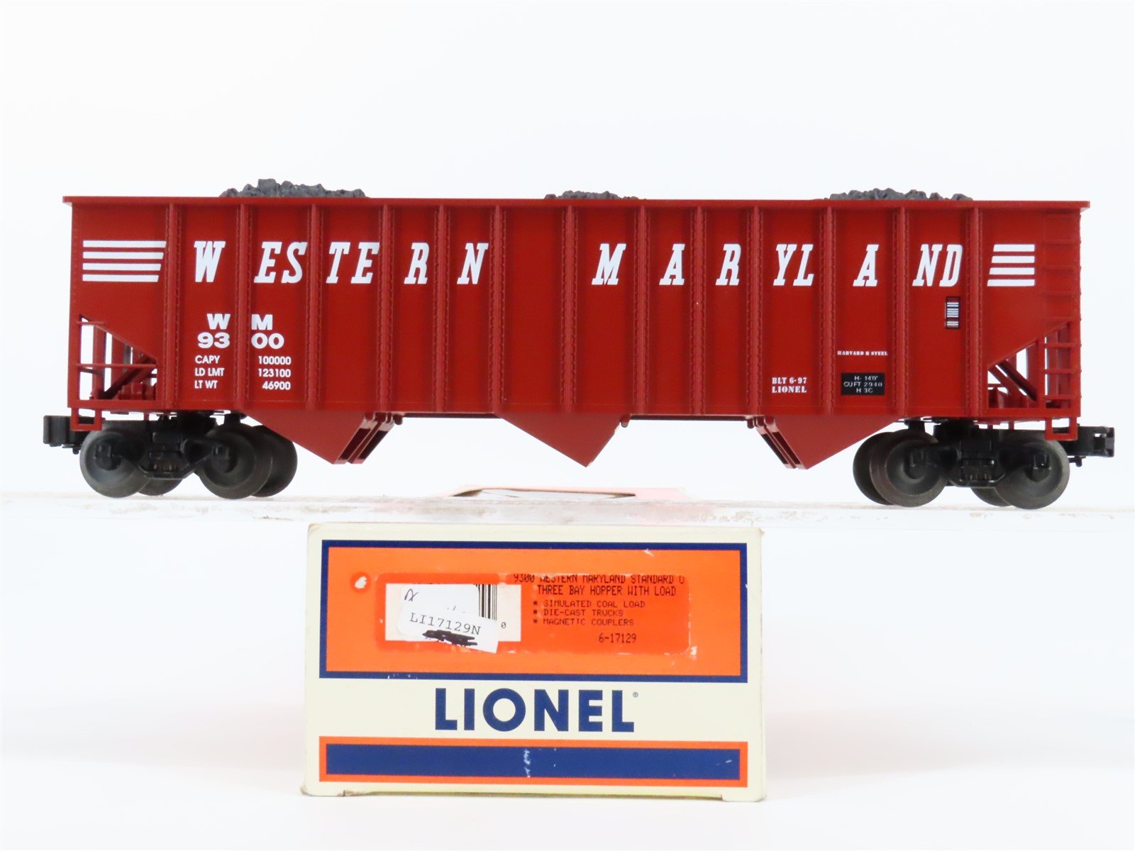 O Gauge 3-Rail Lionel 6-17129 WM Western Maryland 3-Bay Hopper #9300 w/ Load