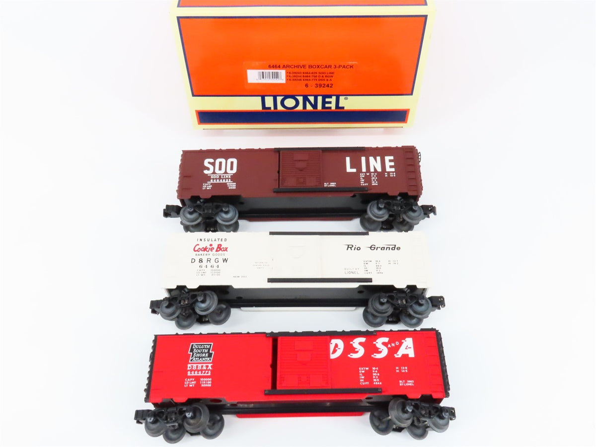 O Gauge 3-Rail Lionel #6-39242 DSS&amp;A SOO D&amp;RGW 6464 Boxcar Archive 3-Pack Set