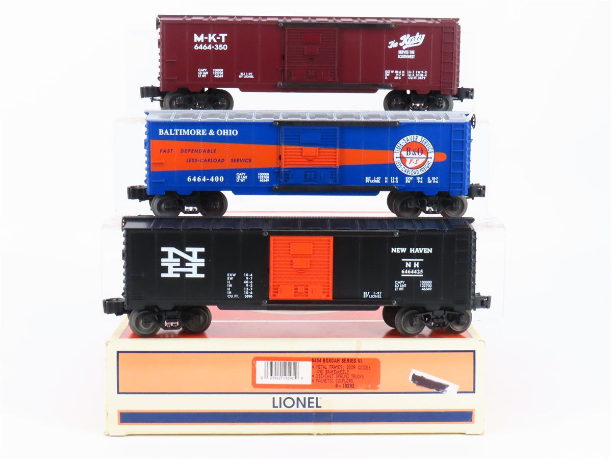 O Gauge 3-Rail Lionel 6-19292 NH, MKT, B&amp;O 6464 Boxcars 3-Pack - Series VI