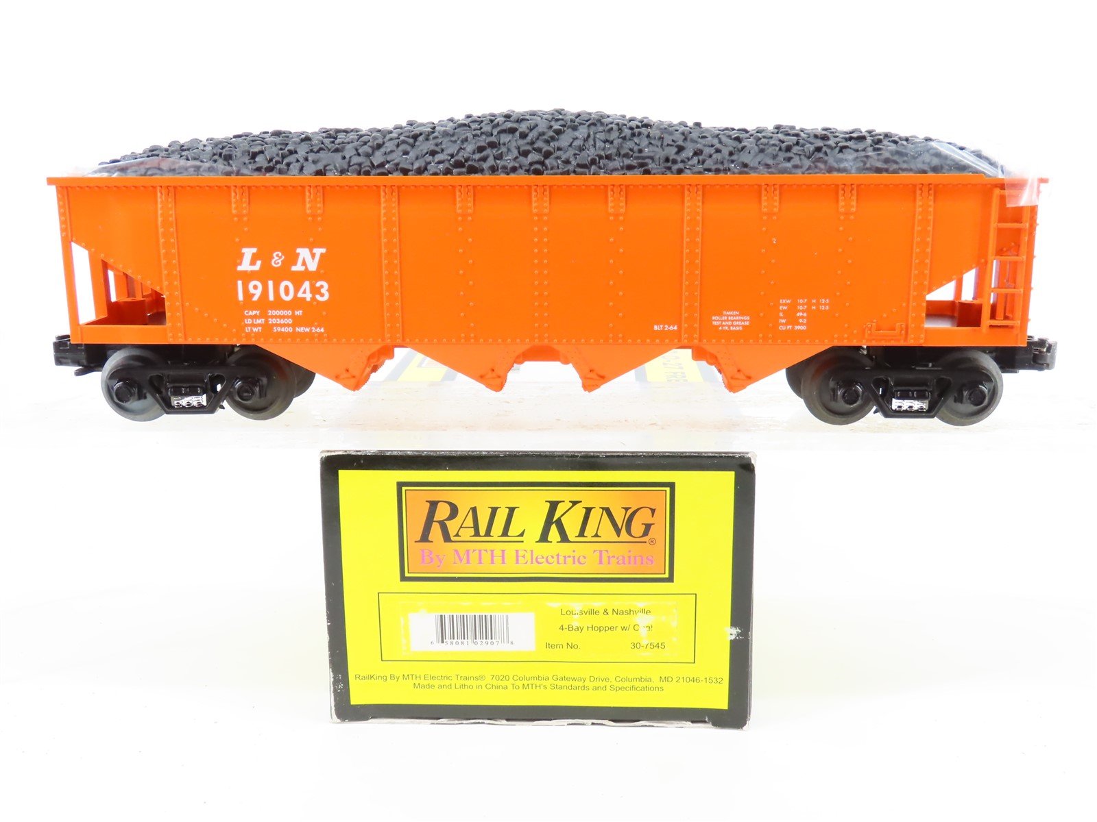 O Gauge 3-Rail MTH Rail King #30-7545 L&N 4-Bay Hopper #191043 w/ Coal Load