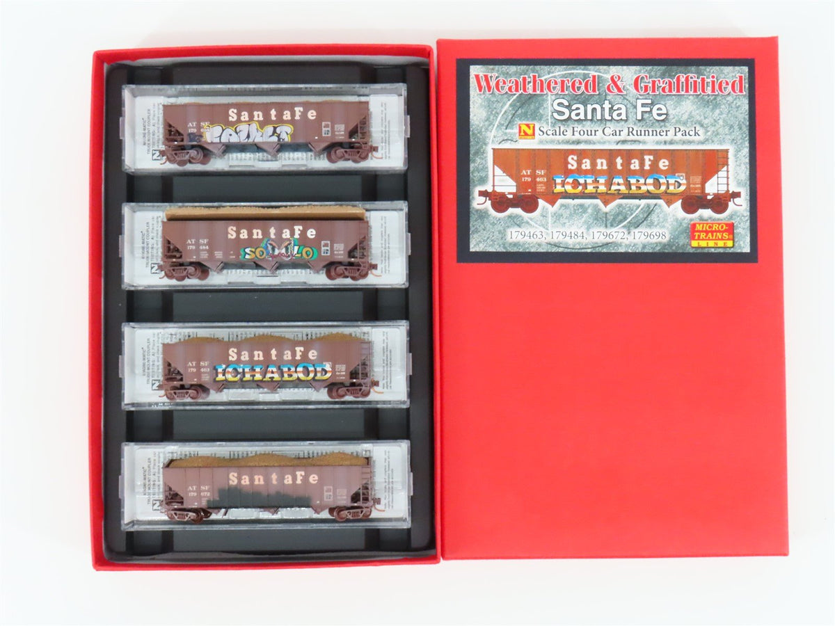 N Micro-Trains MTL 99305080 ATSF Railway Hopper 4-Car Pack Weathered &amp; Graffiti