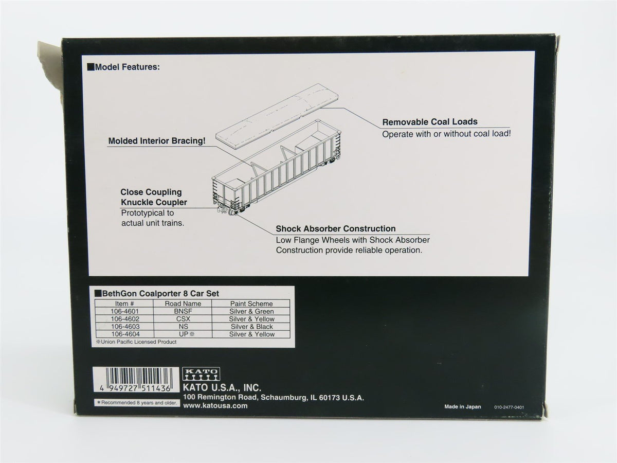 N KATO 106-4601 BNSF Burlington Northern Santa Fe BethGon Coalporter 8-Car Set