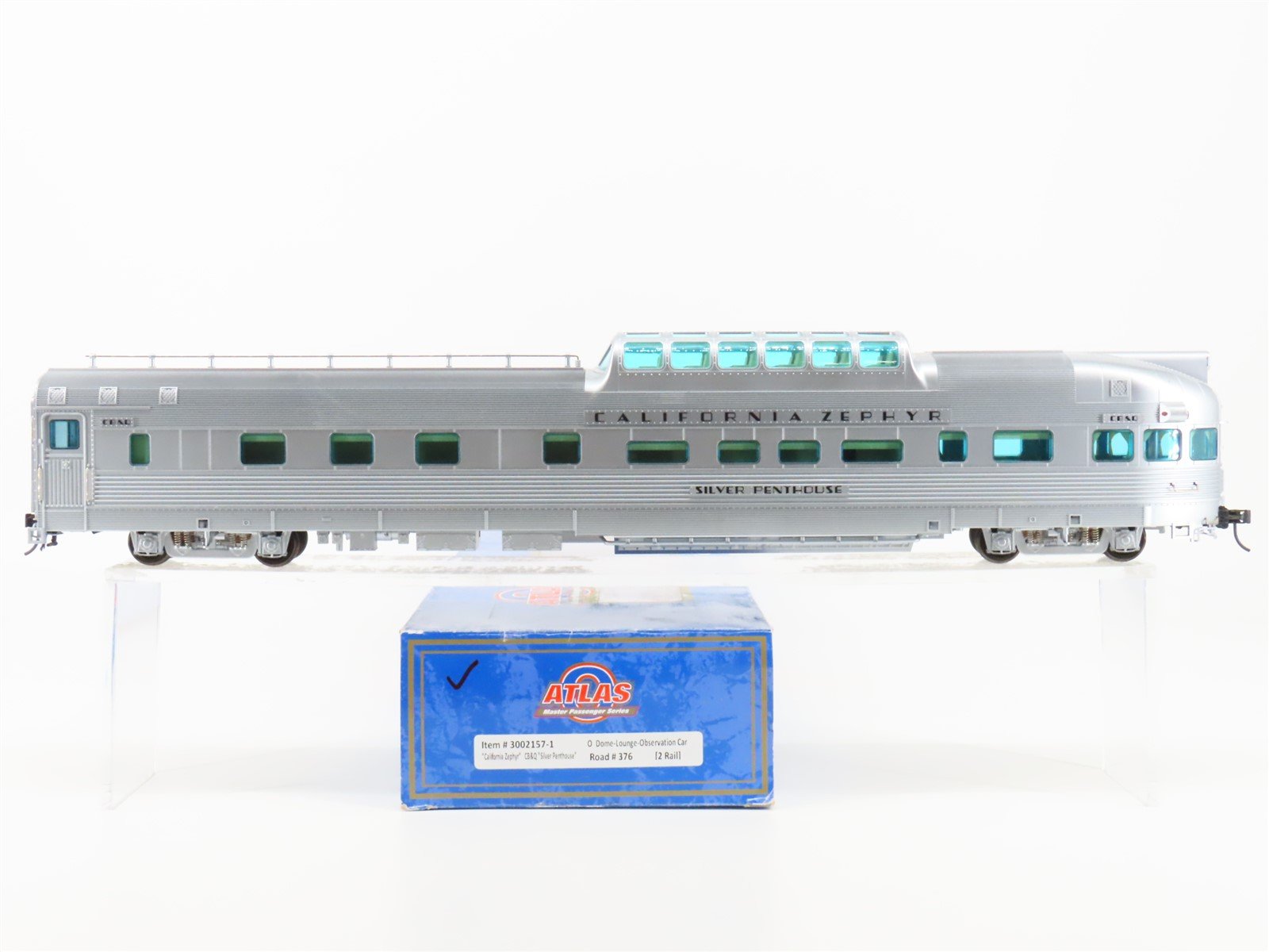 O Scale 2-Rail Atlas 3002157-1 CBQ Railway Dome Passenger Car "Silver Penthouse"