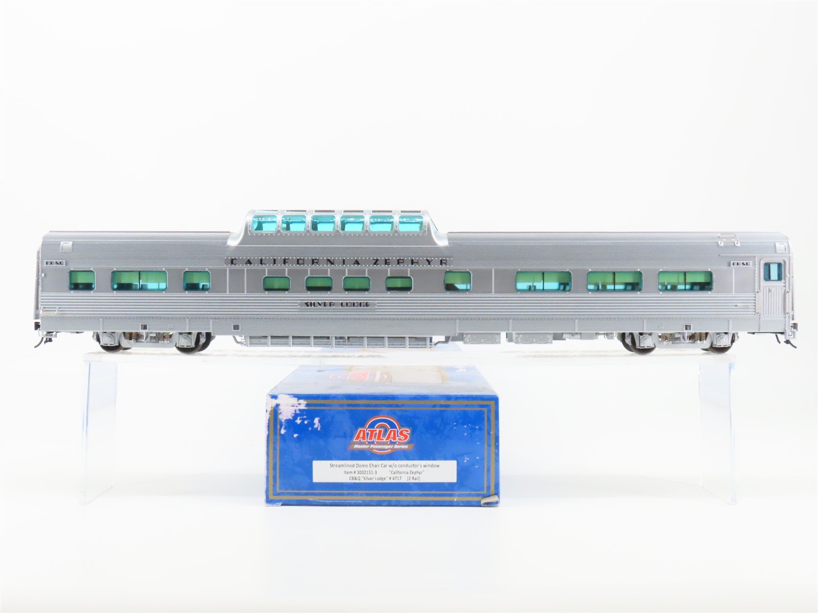 O 2-Rail Atlas 3002151-3 CB&Q California Zephyr Dome Passenger "Silver Lodge"