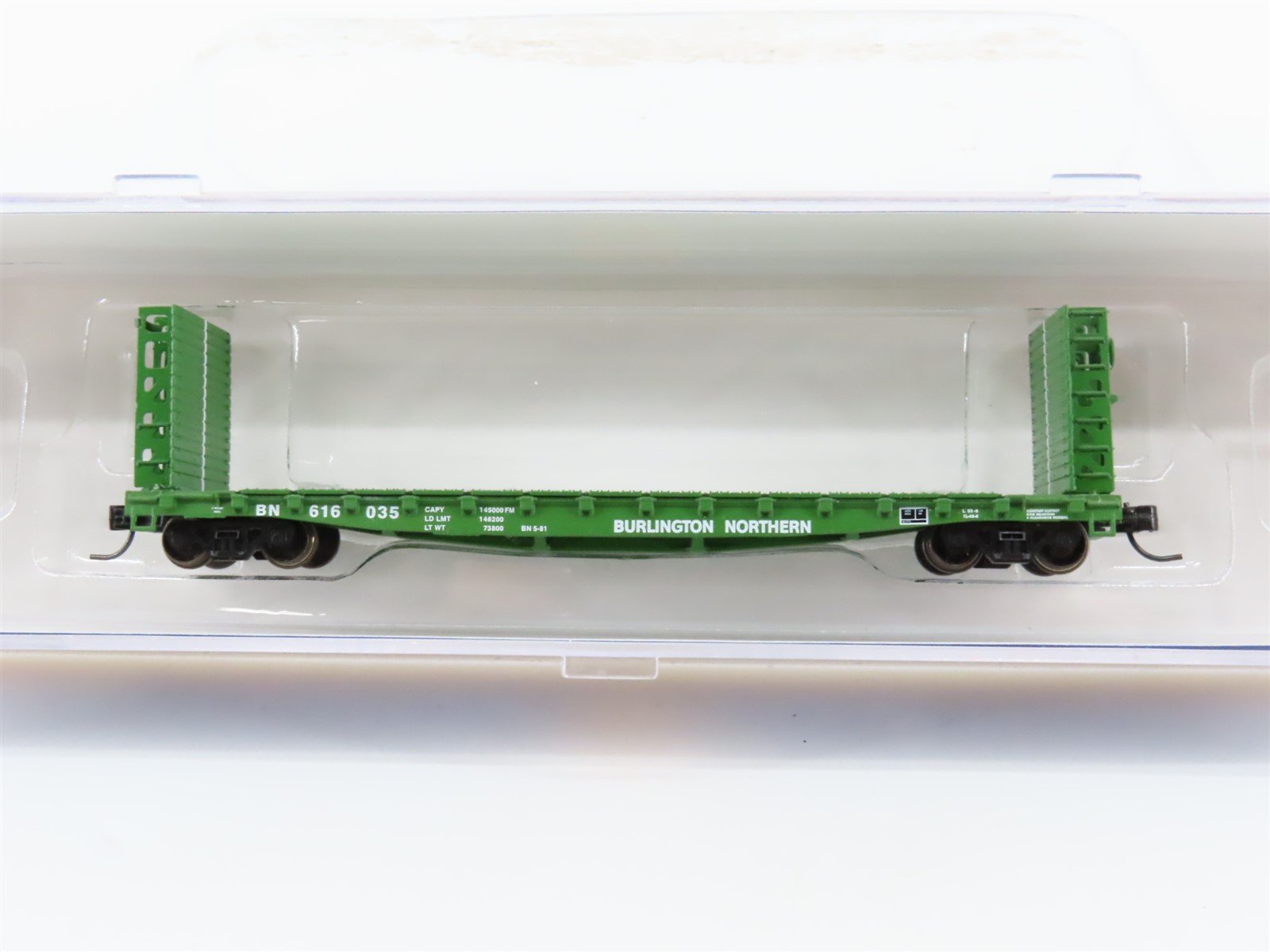 N Scale Athearn 24135 BN Burlington Northern 53' Bulkhead Flat Car #616035