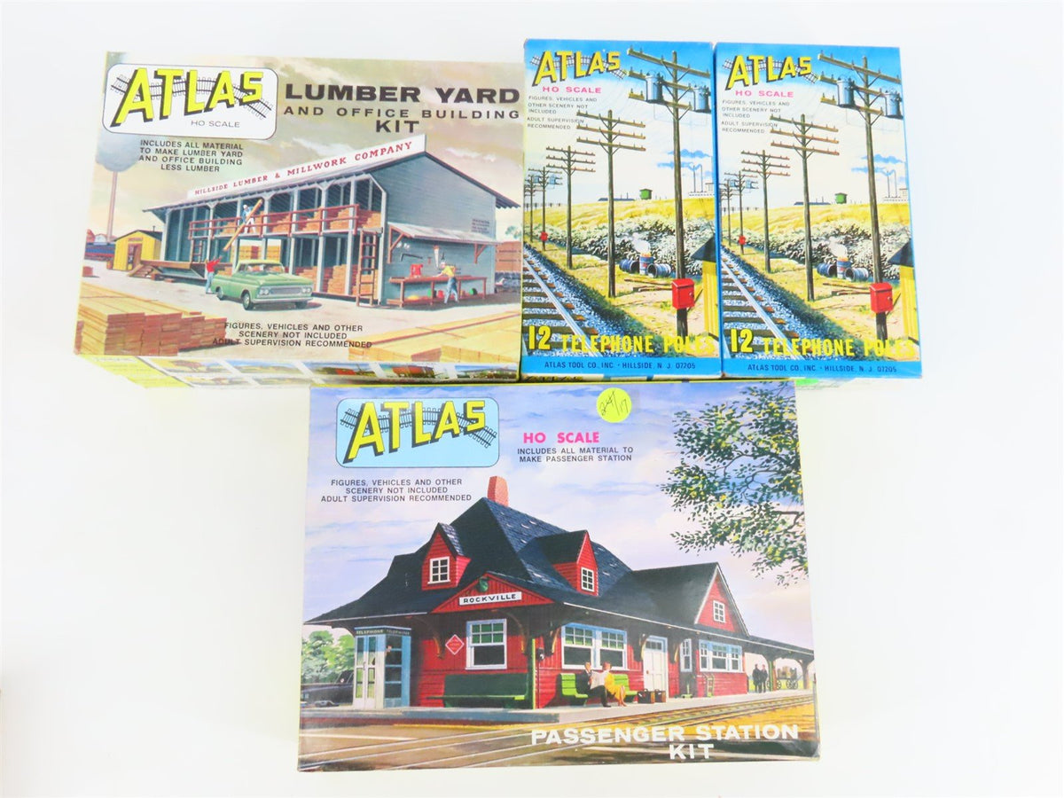 LOT of 7 HO Atlas Kits Lumber Yard, Passenger Station &amp; Telephone Pole Packs