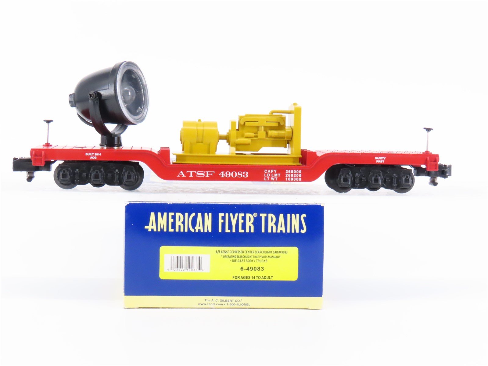 S Scale American Flyer 6-49083 ATSF Santa Fe Depressed Center Searchlight Car