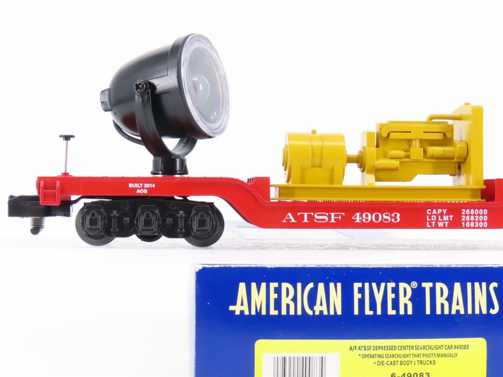 S Scale American Flyer 6-49083 ATSF Santa Fe Depressed Center Searchlight Car