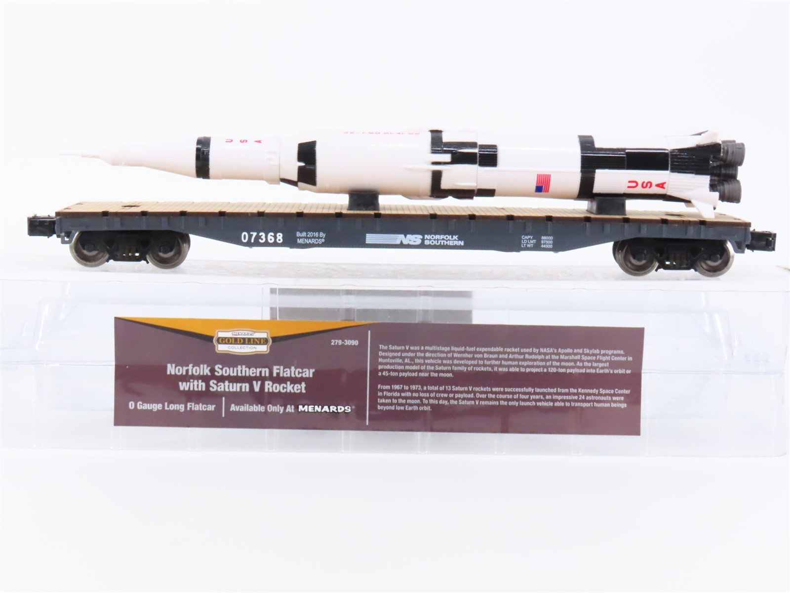 O Gauge 3-Rail Menards 279-3090 NS Norfolk Southern Flat Car w/ Saturn V Rocket