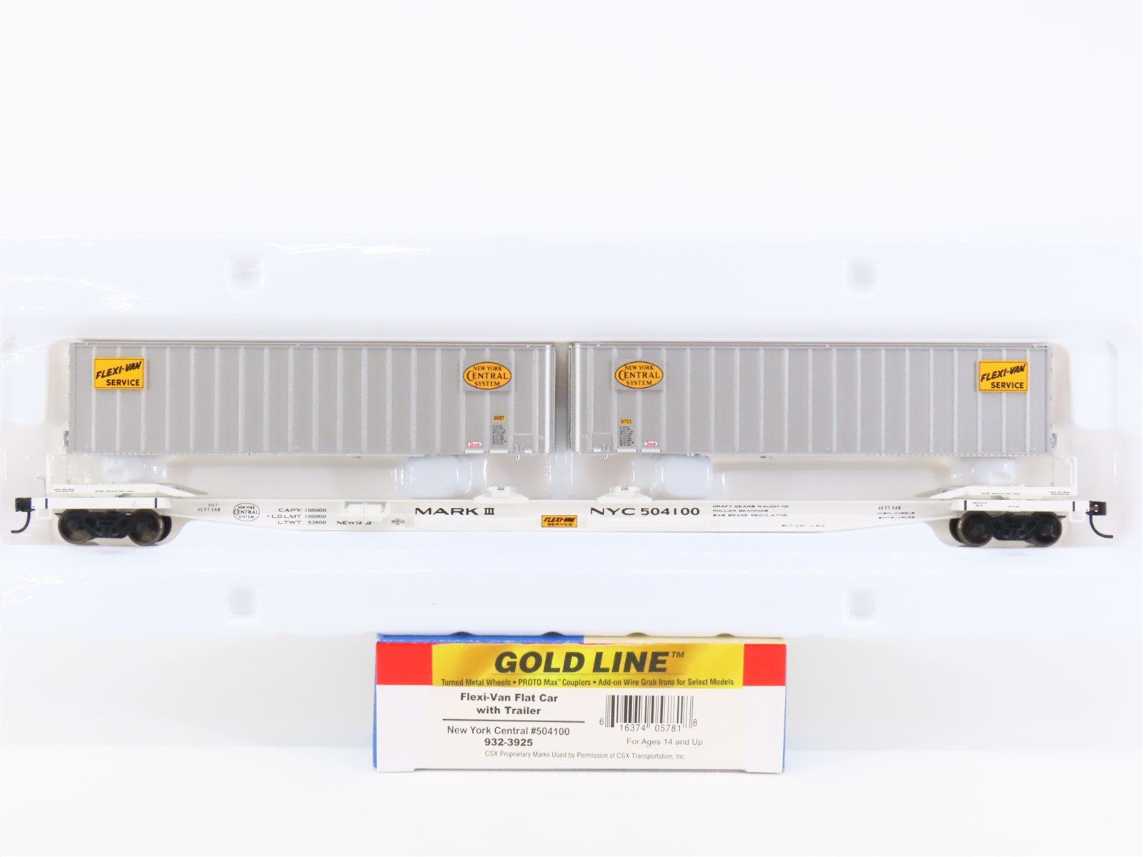 HO Walthers Gold Line 932-3925 NYC New York Central Flat Car #504100 w/ Trailers