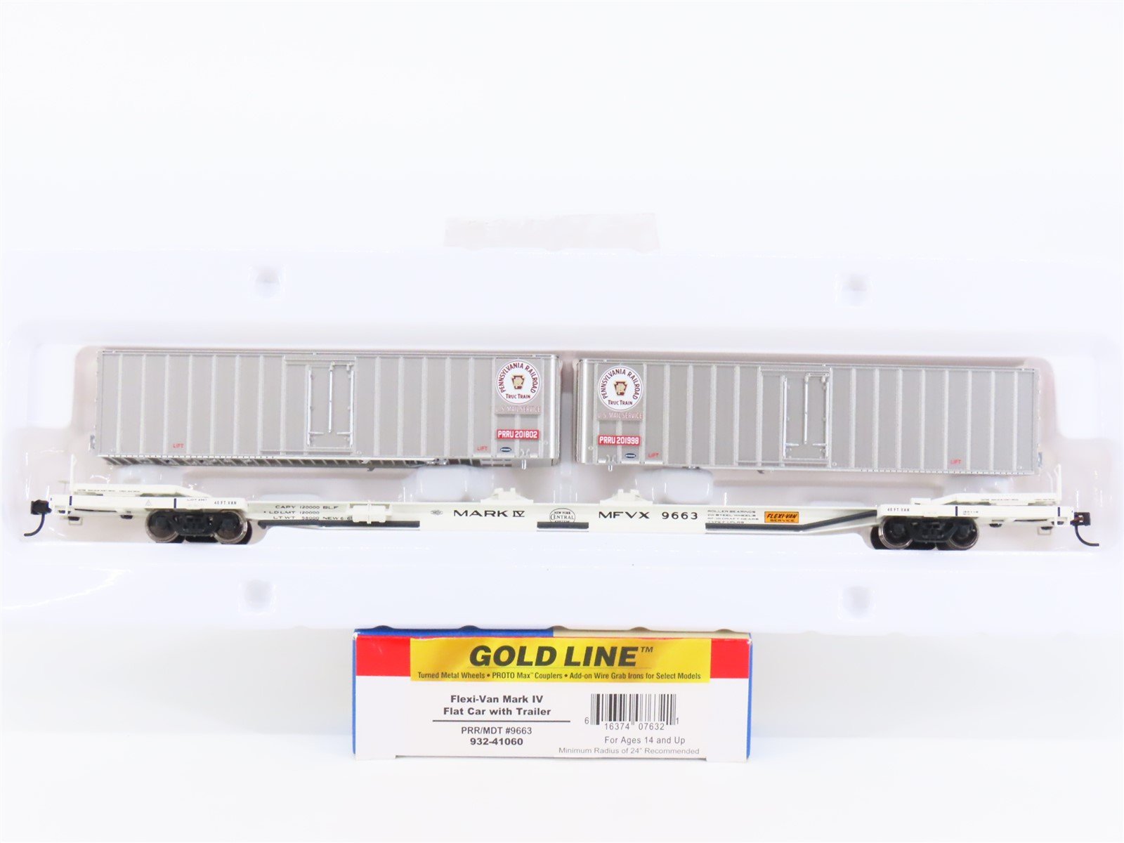 HO Walthers Gold Line 932-41060 PRR/MDT NYC Mark IV Flat Car #9663 w/ Trailers