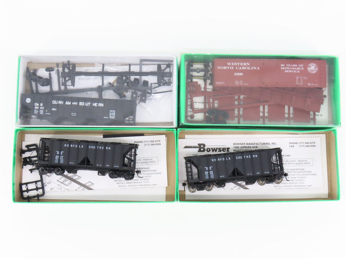 Lot of 4 HO Scale Bowser WNC/NS/D&amp;S Open &amp; Closed Hopper &amp; Boxcar Kit