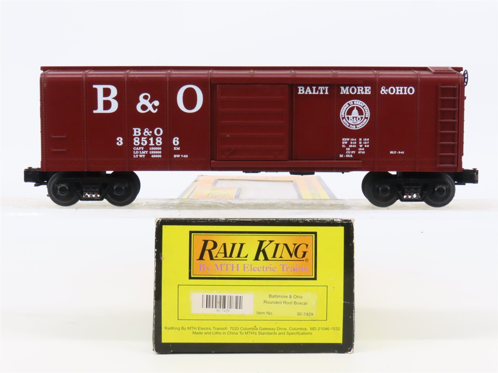 O Gauge 3-Rail MTH 30-7429 B&O Baltimore & Ohio Rounded Roof Boxcar #385186