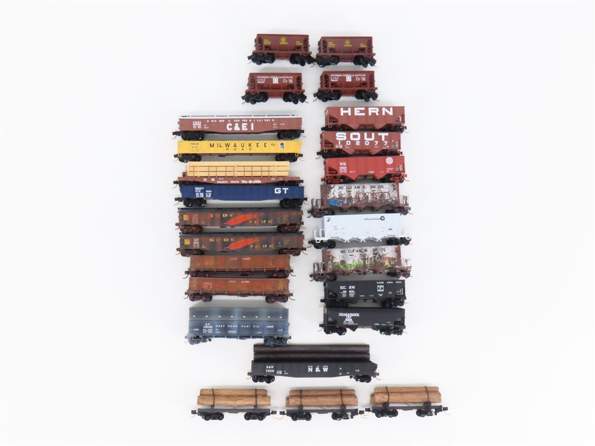 LOT of 25 N Scale Micro-Trains/Atlas WP/GTW/MILW/ASTF/SP Hopper &amp; Flatcars