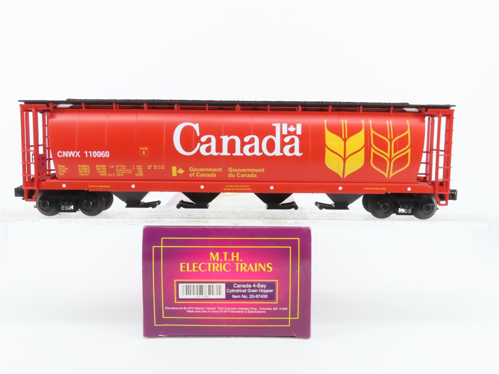 O Gauge 3-Rail MTH 20-97400 CNWX Canada Cylindrical 4-Bay Hopper Car #110060