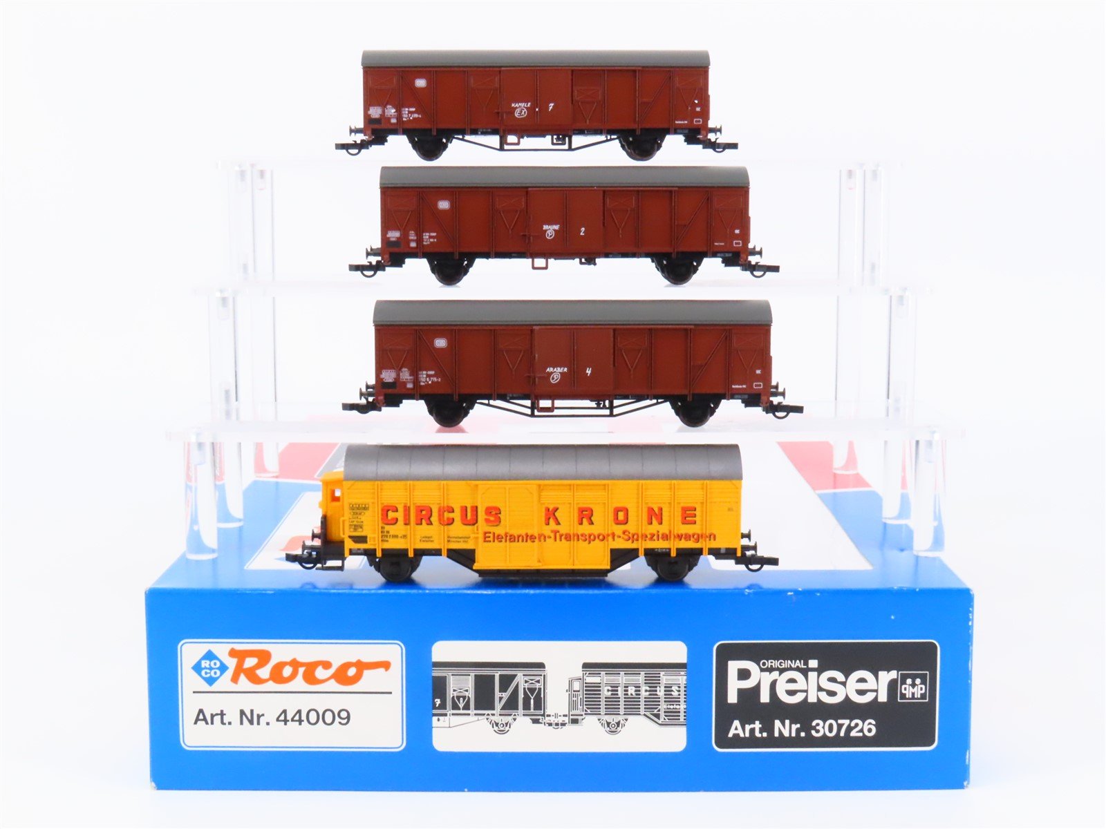 HO Scale Roco Preiser 44009/30726 Circus Krone Animal Transport Cars - Set of 4