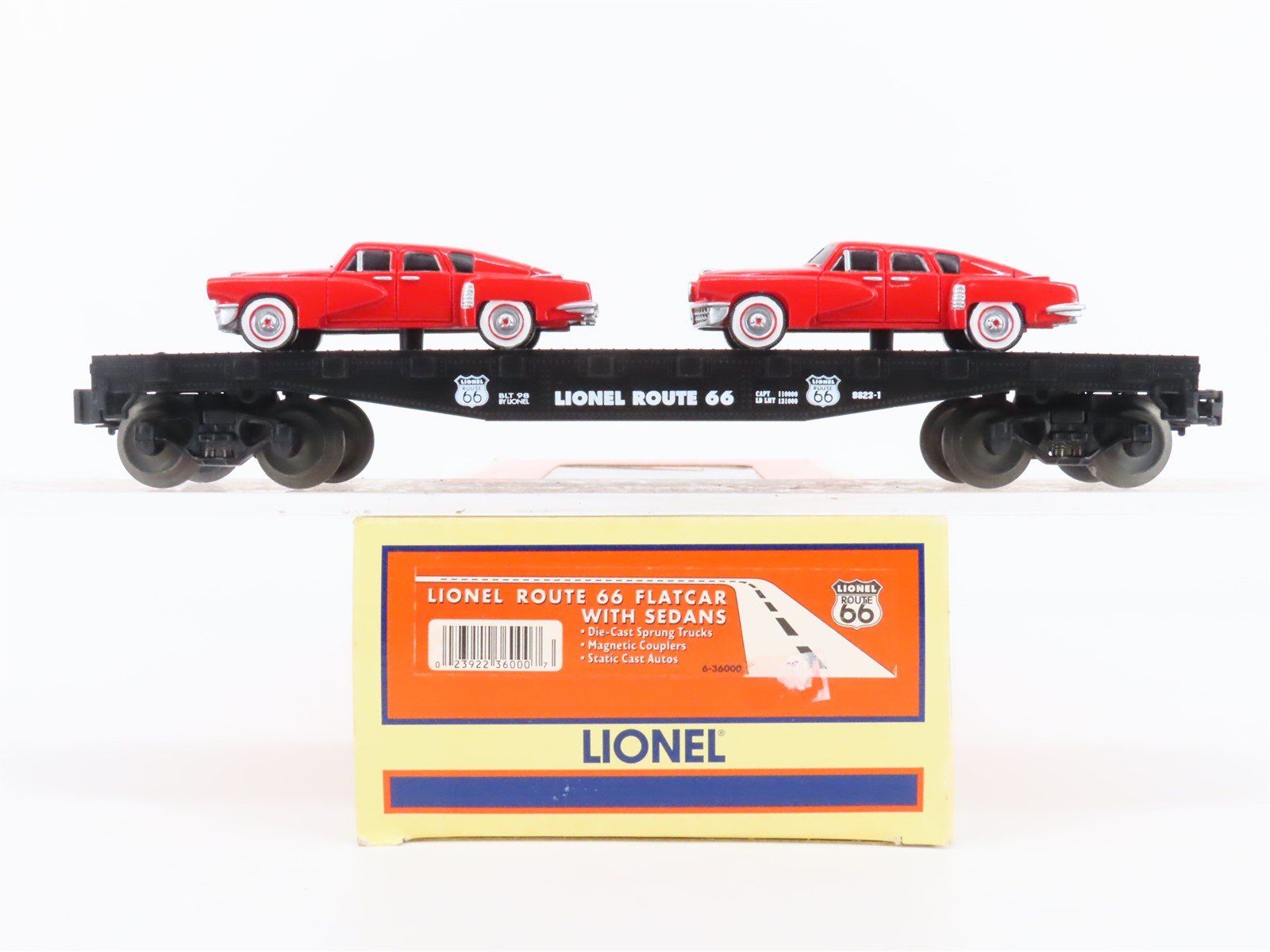 O Gauge 3-Rail Lionel #6-36000 Route 66 Flat Car w/ Two Red Sedans