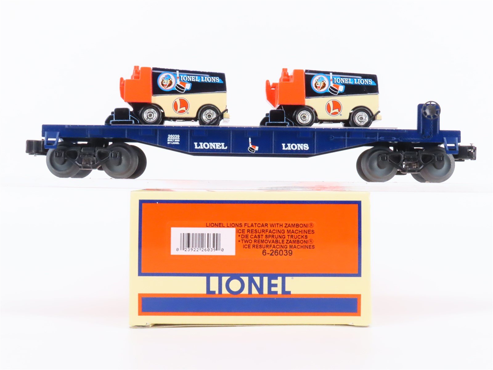 O Gauge 3-Rail Lionel #6-26039 Lionel Lions Flat Car w/ Zamboni Ice Machines