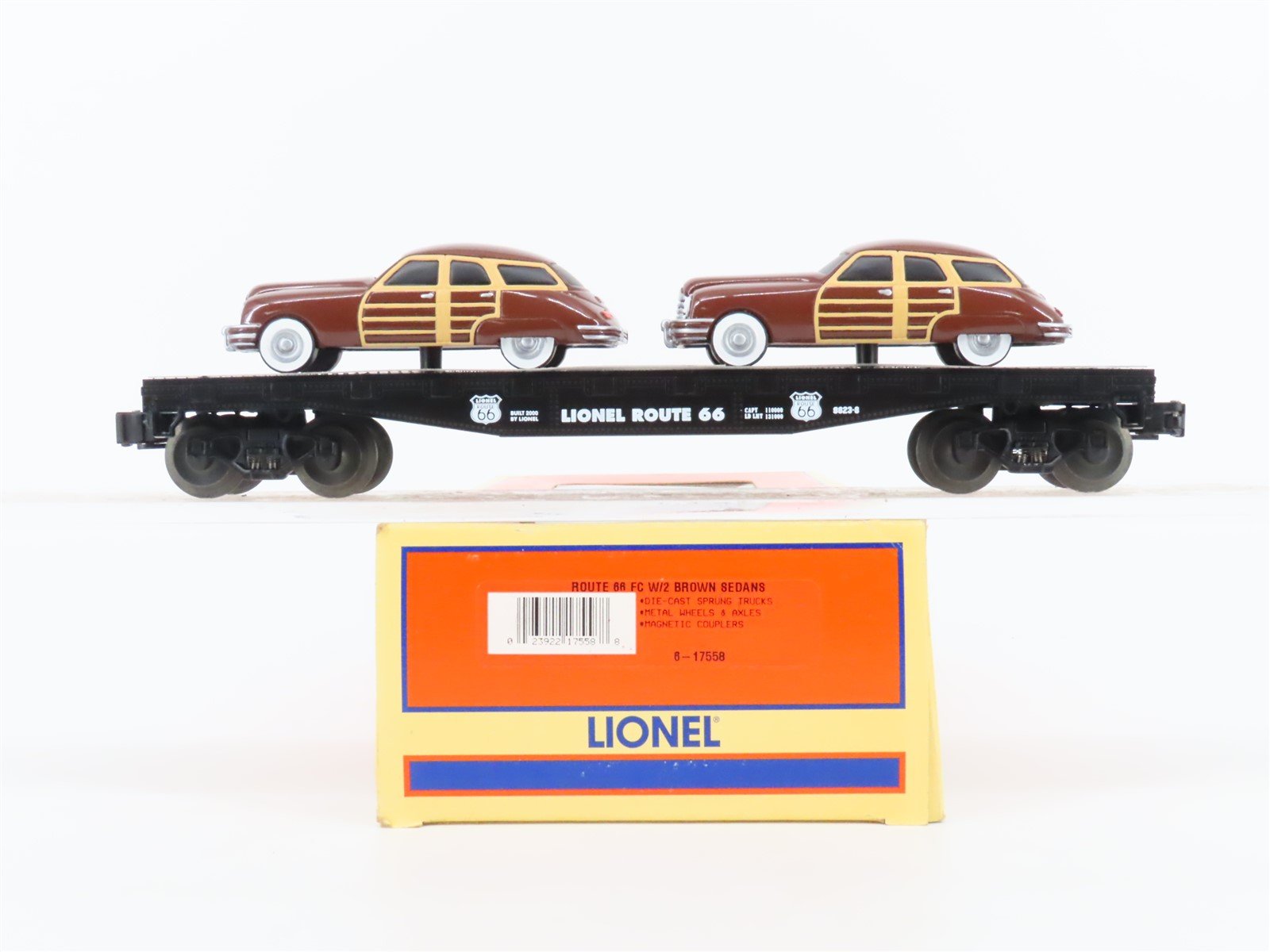 O Gauge 3-Rail Lionel #6-17558 Lionel Route 66 Flat Car w/ 2 Brown Sedans